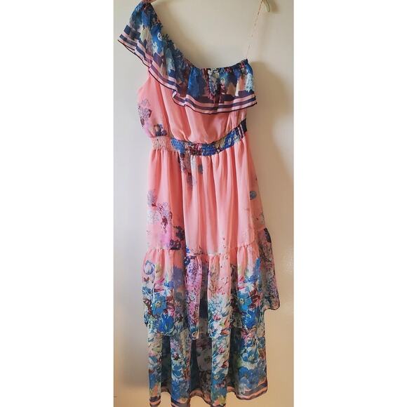 Flying Tomato L Tiered One Shoulder Maxi Dress Soft Pink Peach Floral Chiffon - Picture 1 of 12